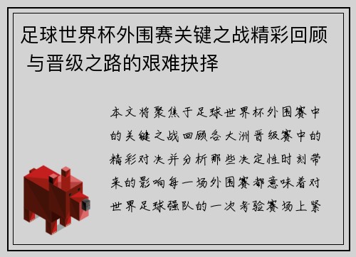 足球世界杯外围赛关键之战精彩回顾 与晋级之路的艰难抉择