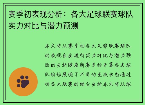 赛季初表现分析：各大足球联赛球队实力对比与潜力预测