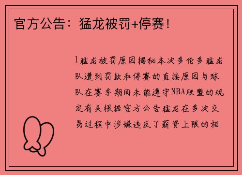 官方公告：猛龙被罚+停赛！