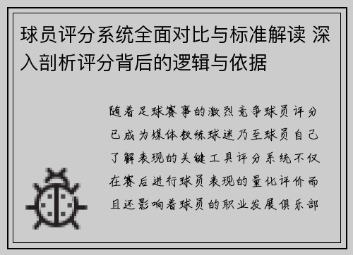 球员评分系统全面对比与标准解读 深入剖析评分背后的逻辑与依据